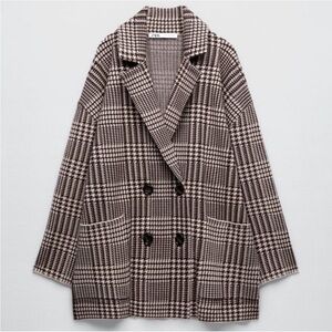 Zara Houndstooth Brown Tan Sweater Blazer